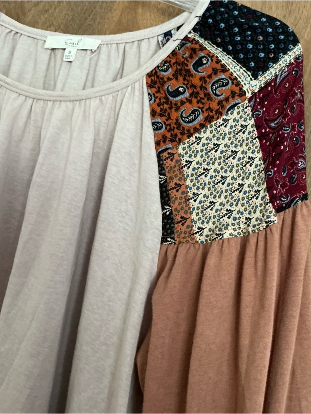 Easel Mixed Media Patchwork Top S Beige Brown Balloon Sleeve Boho Hippie Peasant - Picture 2 of 11